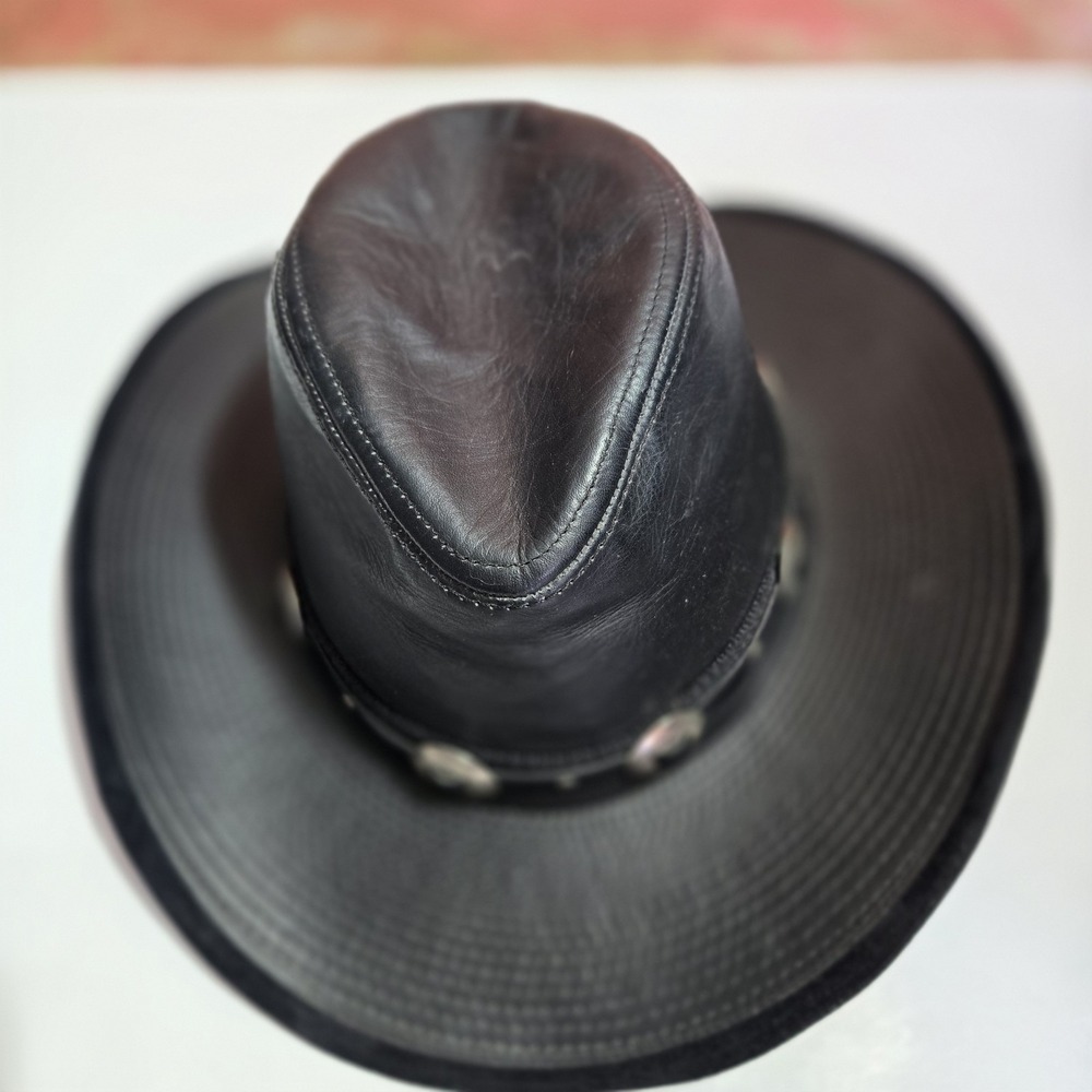 Black Genuine Leather Cowboy Hat Western Concho Band Rancher Size Small S